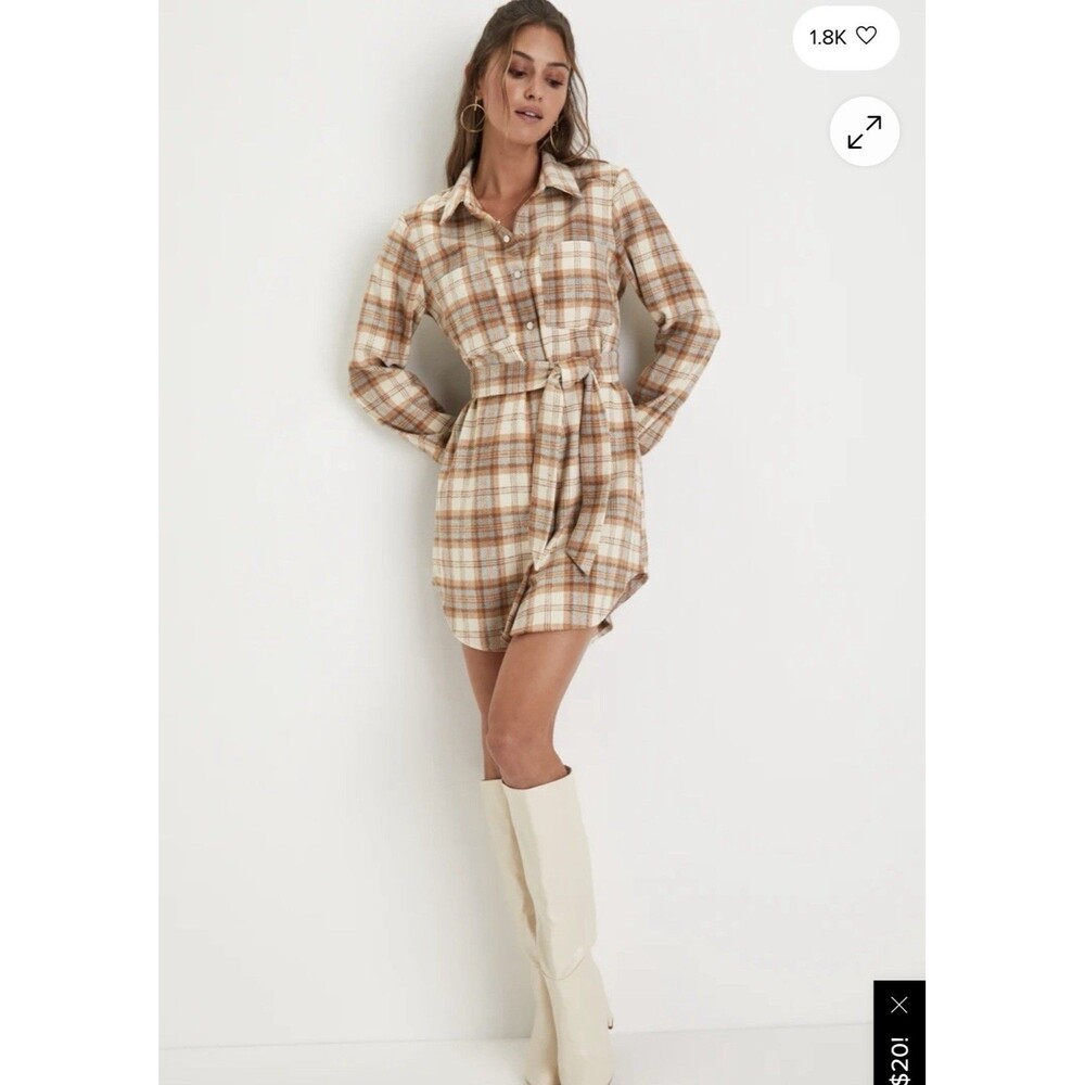 Lulus Brown Beige Blue Plaid Belted Collared Shirt Mini Dress M Button Pockets